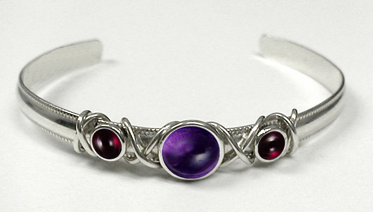 Sterling Silver Hand Made Cuff Bracelet With Amethyst And Garnet